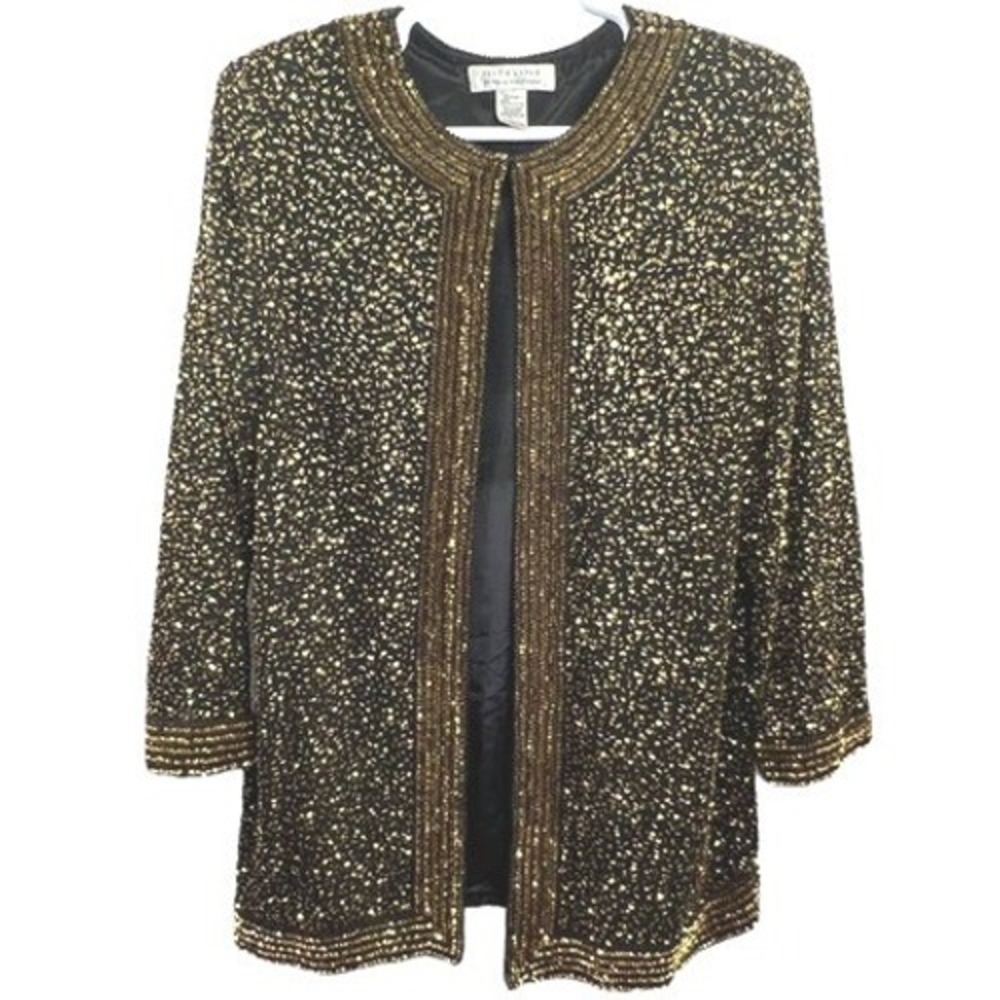Niteline‎ Beaded Silk Jacket Size L Gold Black Open Front Evening Glam
